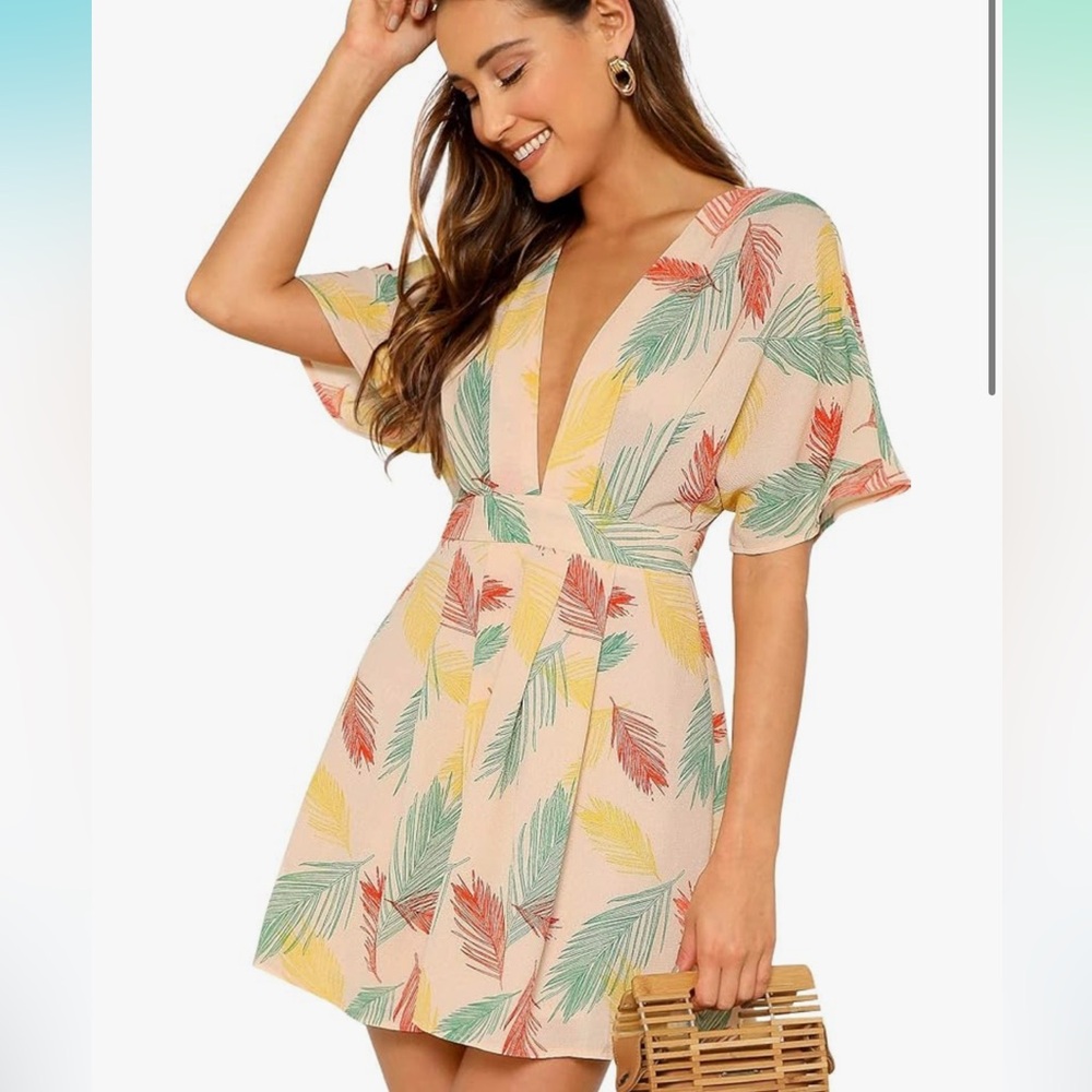 Tropical Floral Plunging V Neck Open Back Dress XL